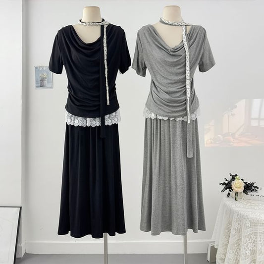 Cowl-Neck Ruched Top with Maxi Skirt Set - LaceLux