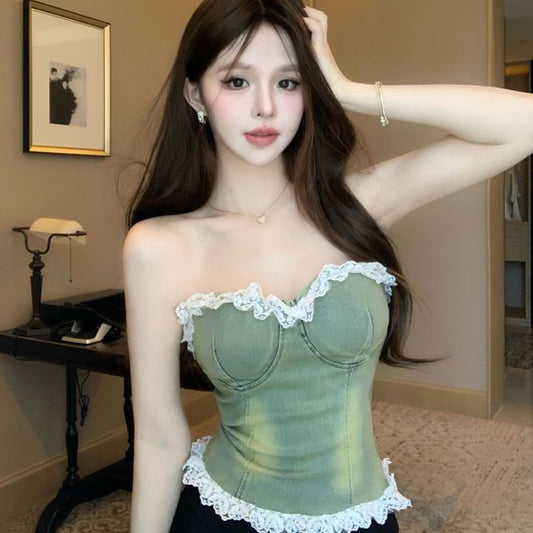 Strapless Denim Bustier with Lace Trim - LaceLux