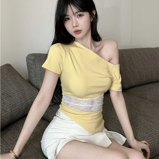 Off-Shoulder Short-Sleeved Lace Top - LaceLux