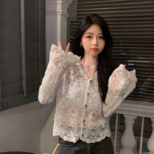 V-Neck Long-Sleeved Lace Button-Up - LaceLux