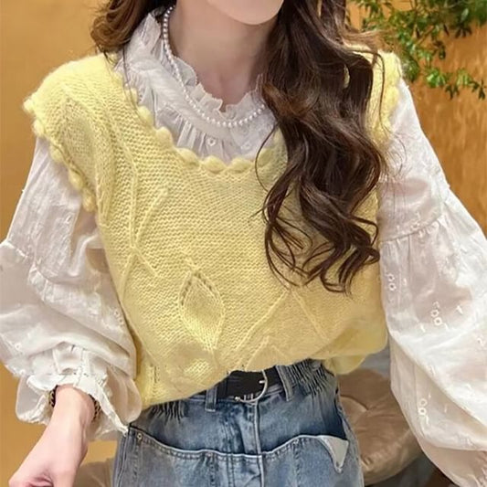 Ruffled Puff-Sleeve Blouse with Knit Vest - LaceLux