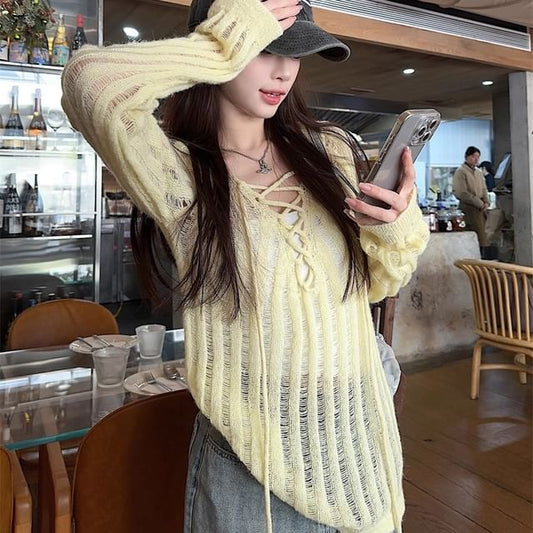 Distressed Lace-Up Knit Top - LaceLux