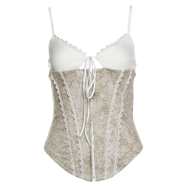 Denim-Paneled Cami with Lace Trim and Tie