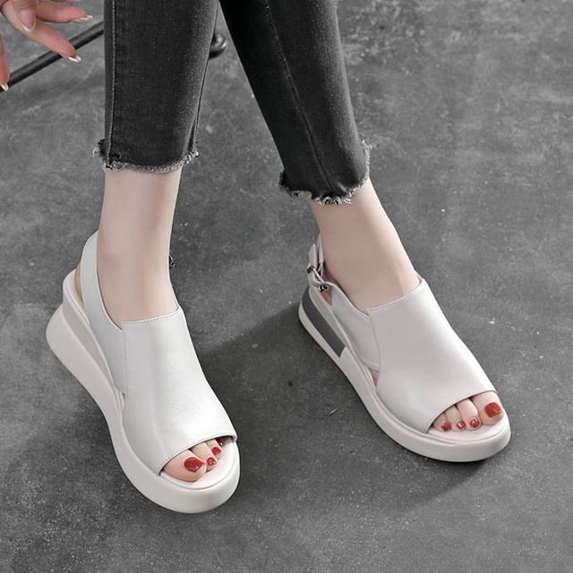 Slingback Sandals Plain Wedge Faux Heel Leather