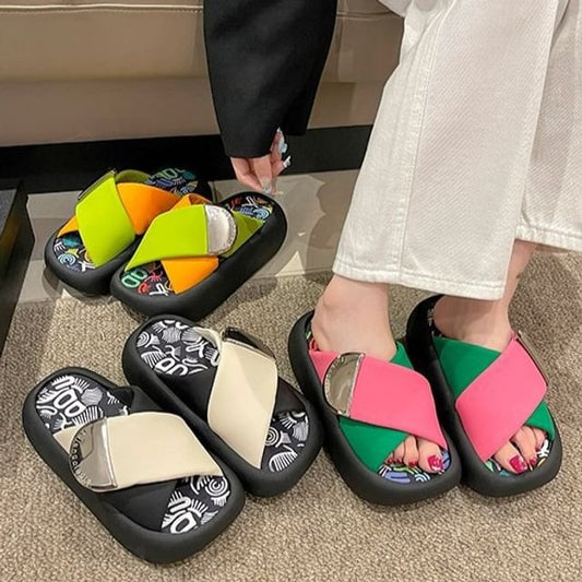 Cross Leather Two Platform Sandals Tone Strap Faux