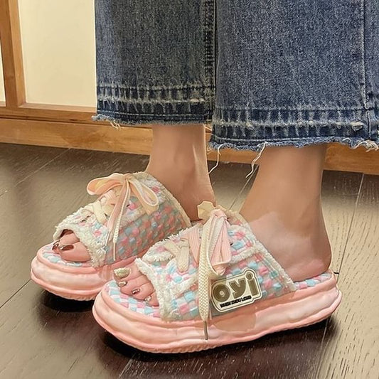 Frayed Platform Sandals Sneakers Lace-Up Checkerboard