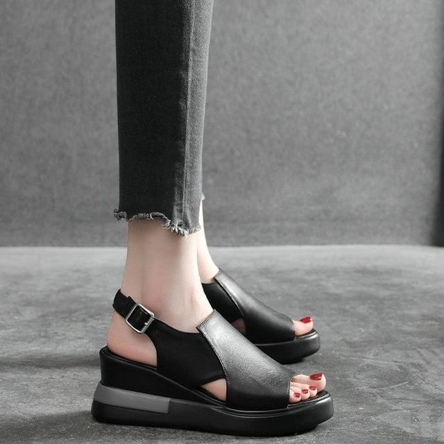 Slingback Sandals Plain Wedge Faux Heel Leather