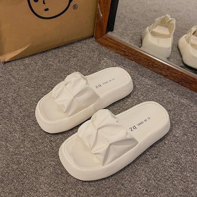 Slide Faux Platform Leather Ruched Sandals Plain