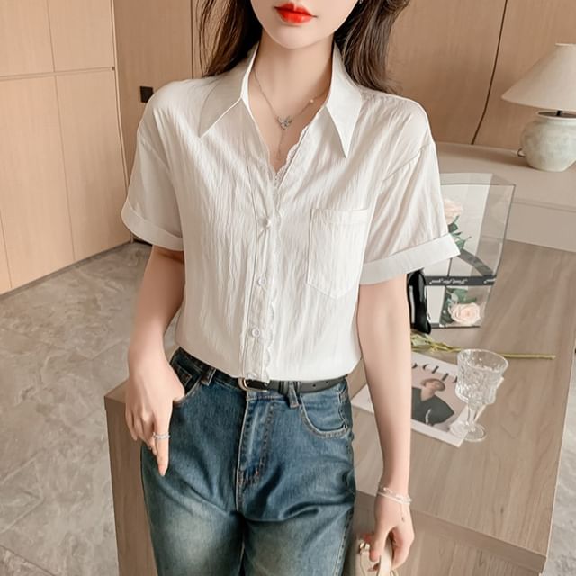 Button-Up Lace Blouse with Collar and Short Sleeves