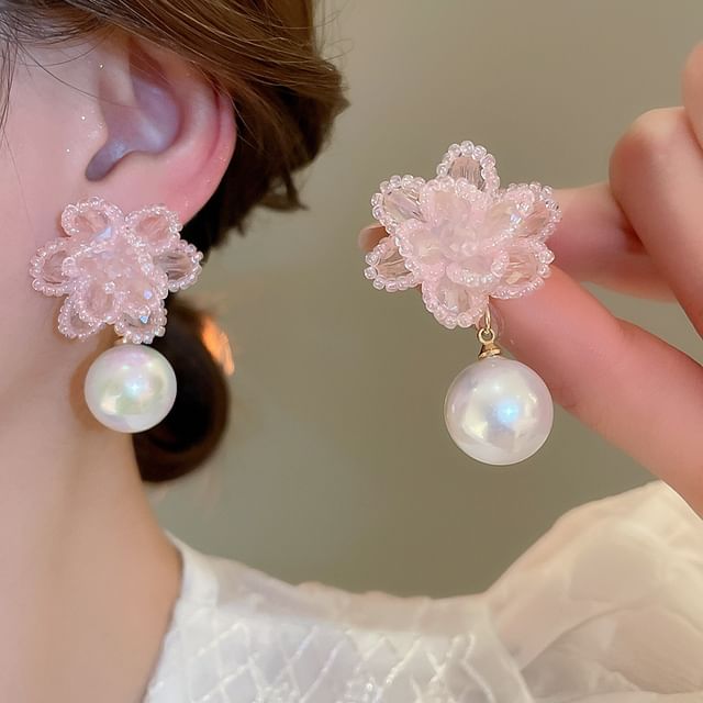 Faux Drop Earring Alloy Pearl Floral Bead