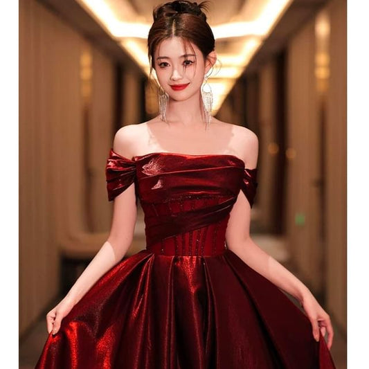 Glitter Maternity Evening Off-Shoulder Gown Ruched A-Line Short-Sleeve