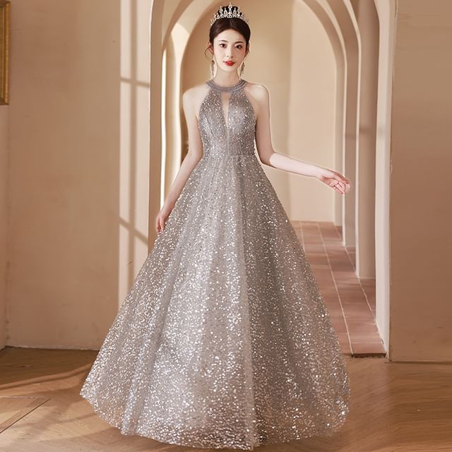 Neck Sequin Gown Cutout Halter A-Line Evening