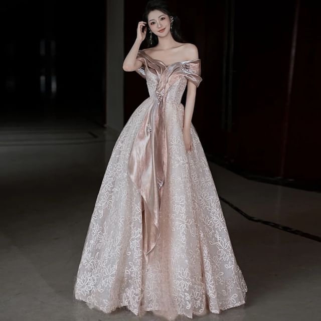 Lace Off-Shoulder Gown Evening Floral Short-Sleeve Accent A-Line