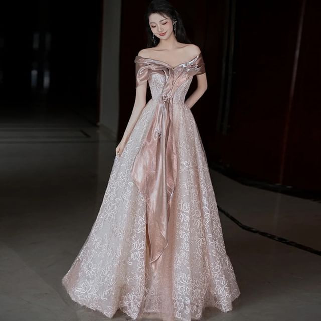 Lace Off-Shoulder Gown Evening Floral Short-Sleeve Accent A-Line