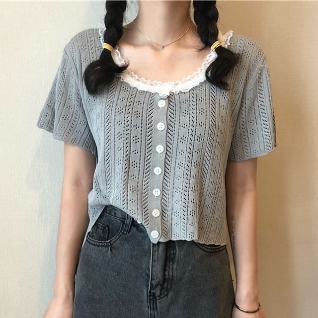Pointelle Crop Knit Top with Lace Trim