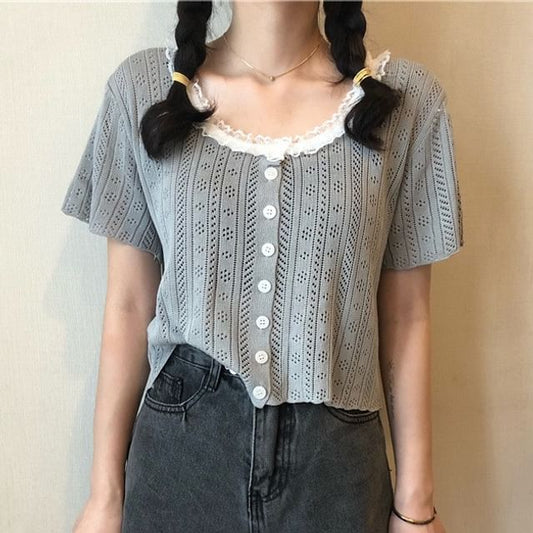 Pointelle Crop Knit Top with Lace Trim
