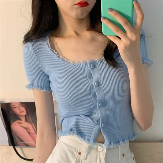 Scoop Neck Ribbed Lace Trim Knit Crop Tee - Sleeved