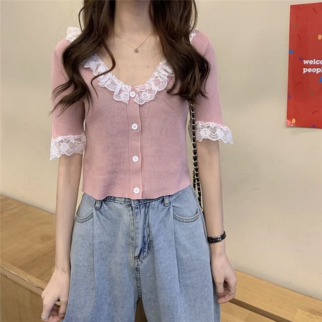 Button Knit Top with Lace Trim and V-Neck