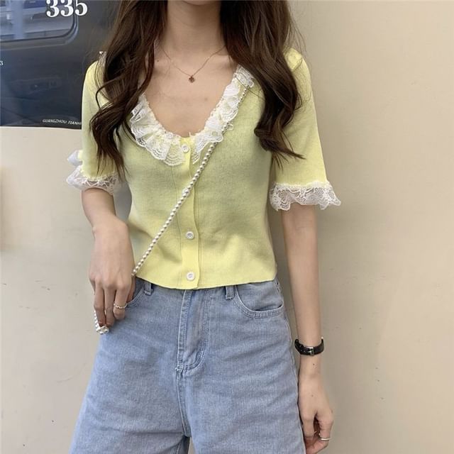 Button Knit Top with Lace Trim and V-Neck