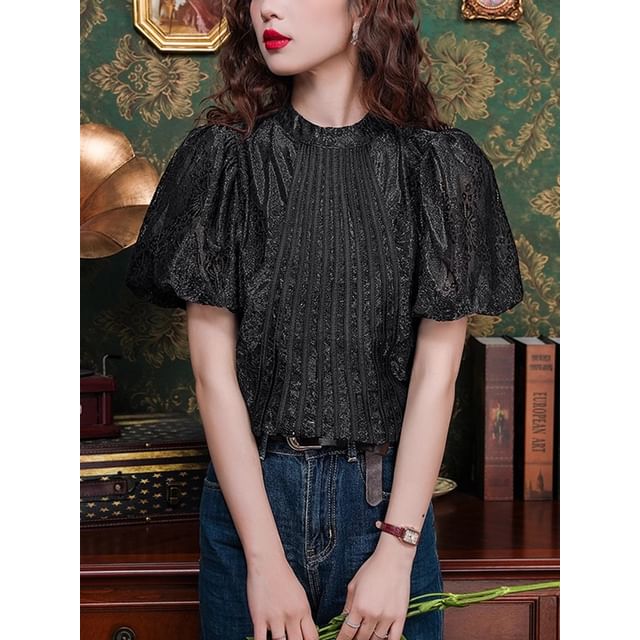 Crewneck Lace Blouse - Puff Sleeved