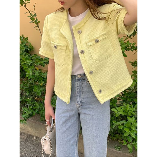 Short Sleeve Round Neck Plain Fray Tweed Button Jacket
