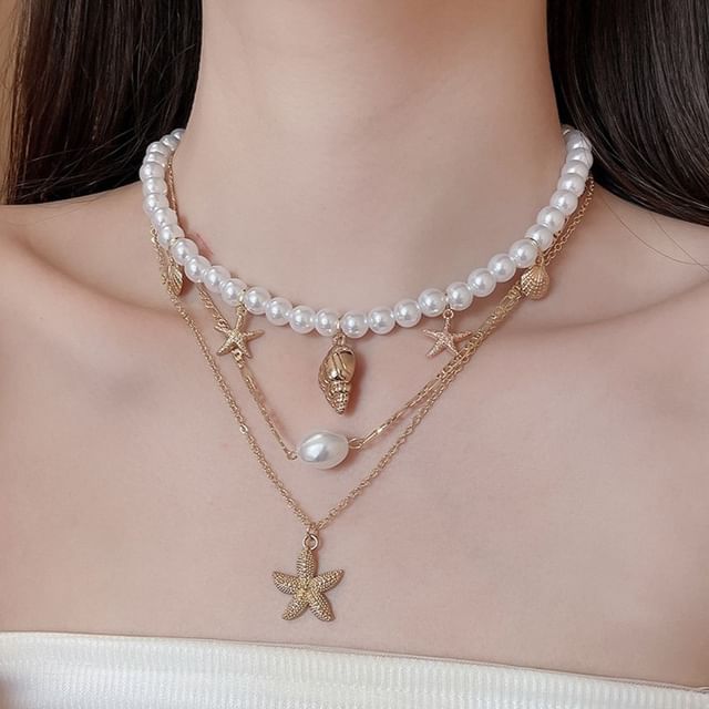 Pendant Pearl + Faux of 3: Choker Set Alloy Starfish Necklace