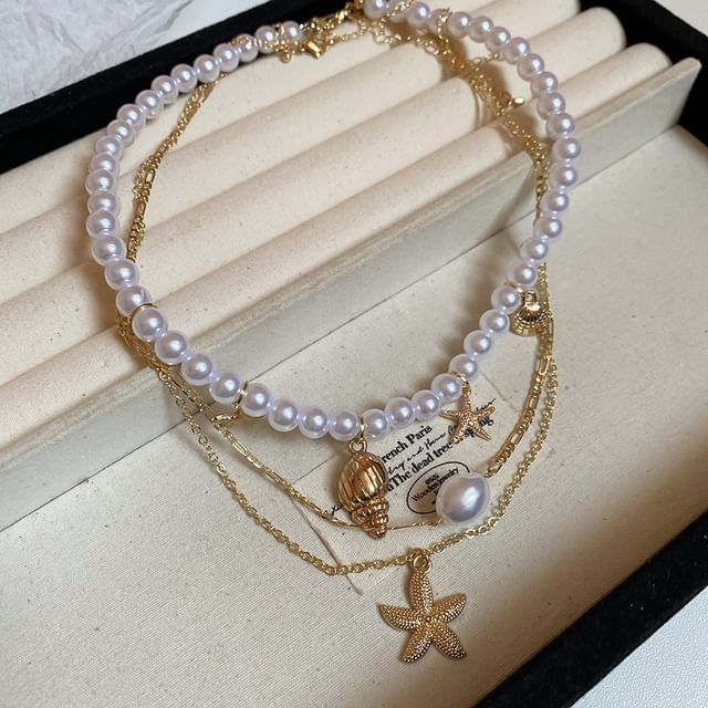 Pendant Pearl + Faux of 3: Choker Set Alloy Starfish Necklace