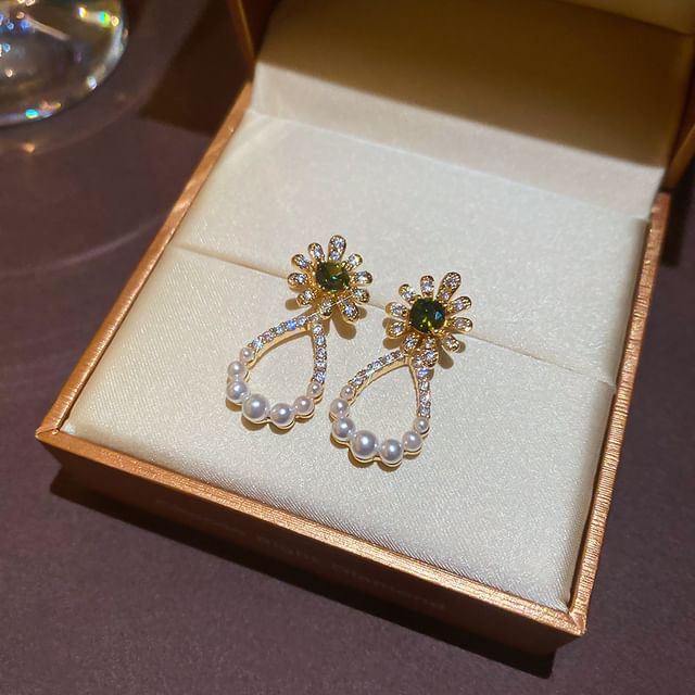 Floral Rhinestone Faux Pearl Alloy Drop Earring