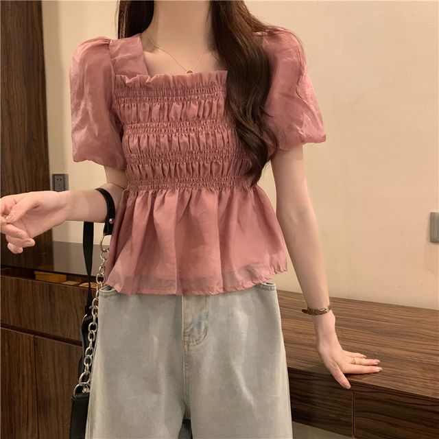 Neck Blouse Peplum Ruched Square Short-Sleeve Plain