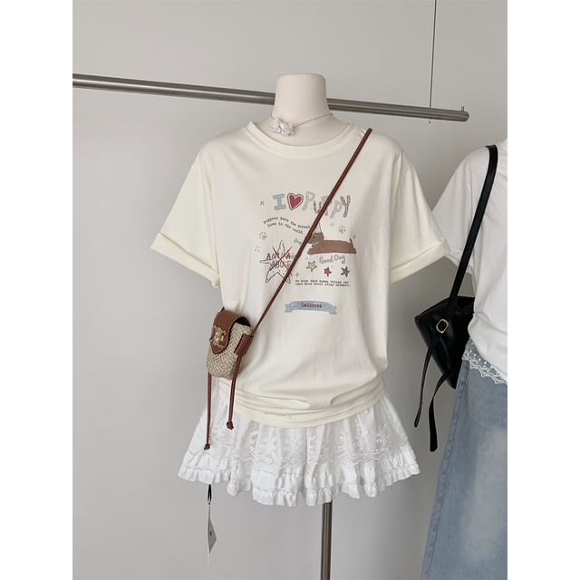 Neck Tee Cartoon Short-Sleeve Crew Print