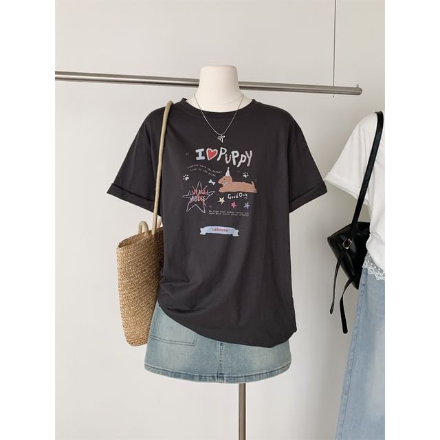 Neck Tee Cartoon Short-Sleeve Crew Print