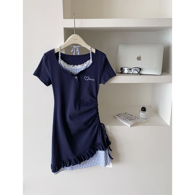 Sheath Two-Piece Panel Short-Sleeve Mini Dress Plaid Scoop Embroidered Mock Drawstring Heart Neck