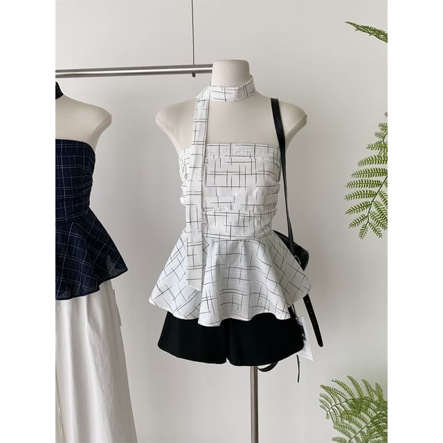 Peplum Set: + Plaid Skinny Tube Scarf Top