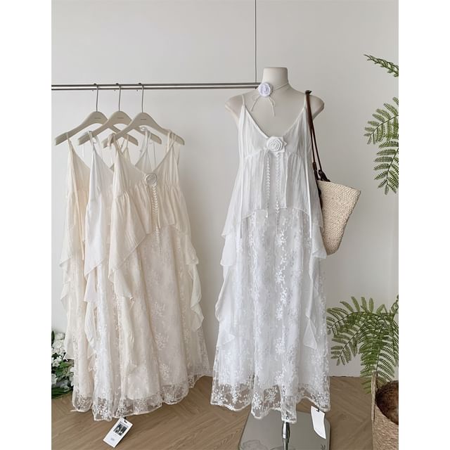 Maxi Lace Dress A-Line Spaghetti Strap V-Neck