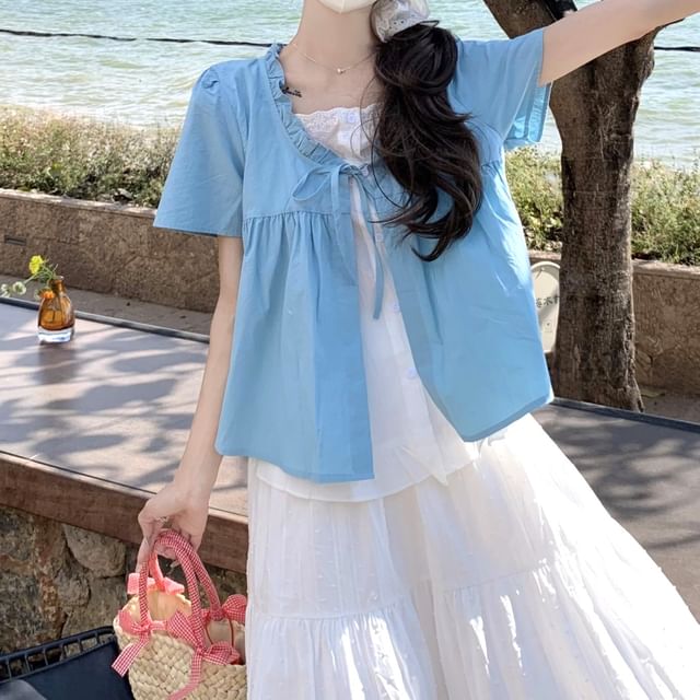 Two / Tone Mock Short-Sleeve Waist Top Maxi Two-Piece High