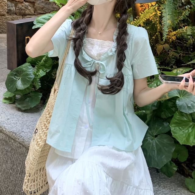 Two / Tone Mock Short-Sleeve Waist Top Maxi Two-Piece High