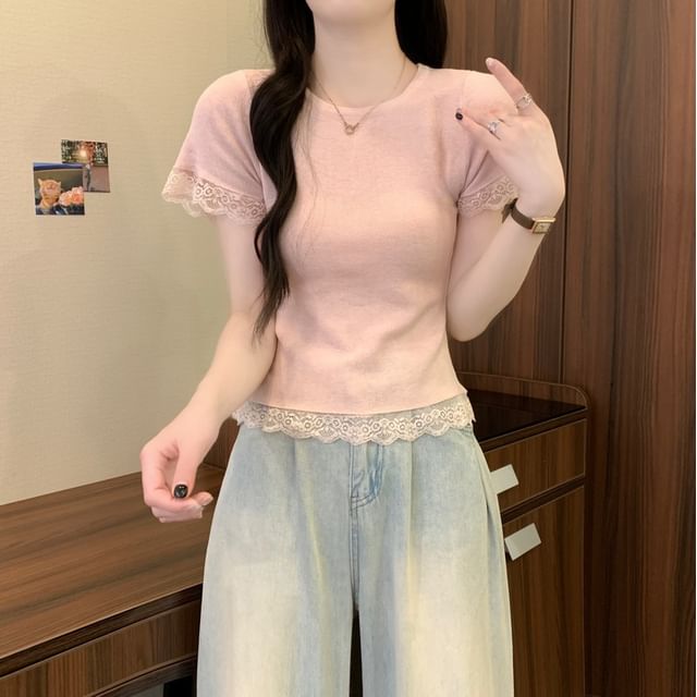 Plain Crewneck Trim Tee Short-Sleeve Lace