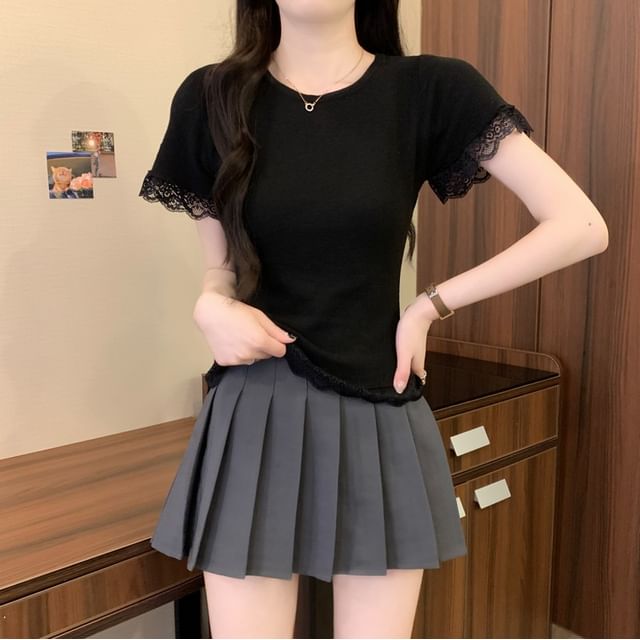 Plain Crewneck Trim Tee Short-Sleeve Lace
