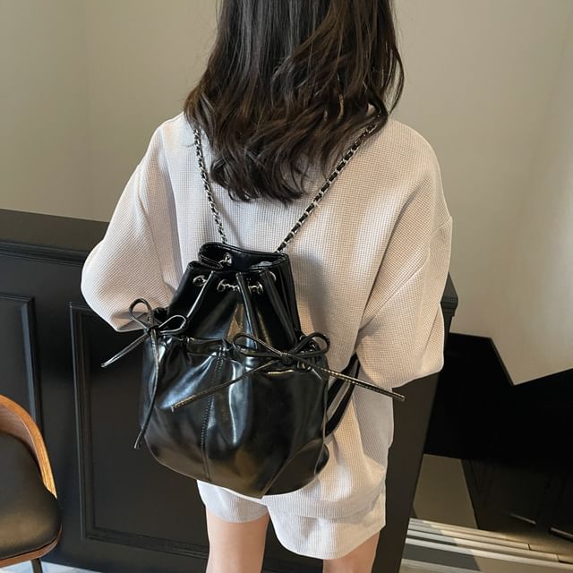 Leather Strap Faux Chain Plain Backpack Bow