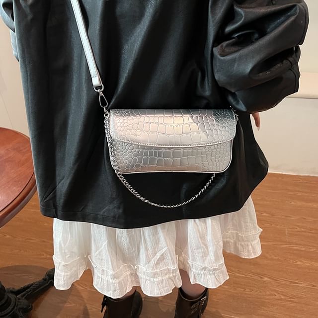 Leather Crossbody Strap Bag Faux Textured Flap Chain