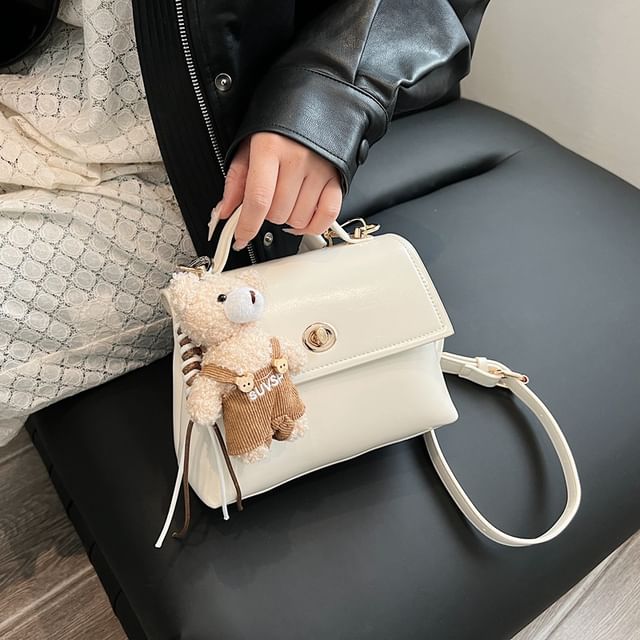 Bag Set Flap Twist Lock Handle Faux Crossbody Charm Leather Top /