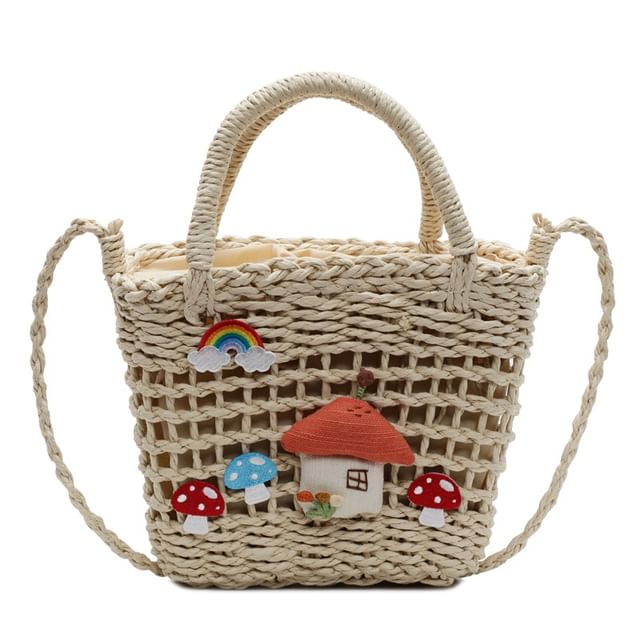 Straw Top Applique Bag Handle Mushroom Crossbody