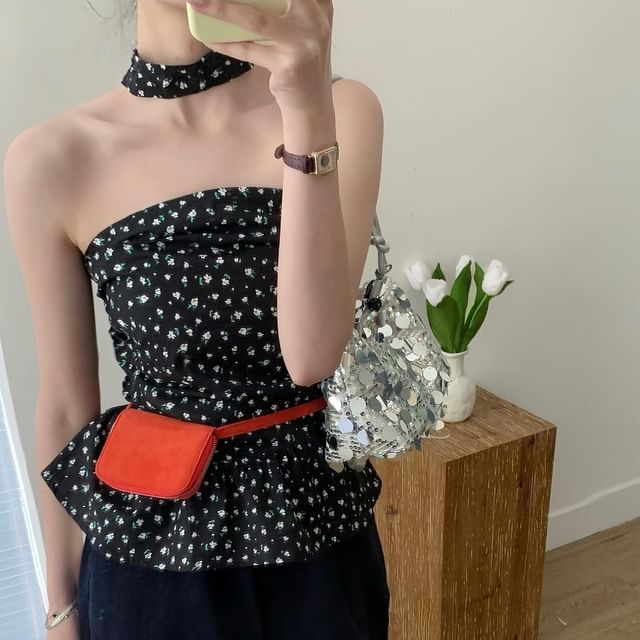 Print Tube Top Ruched Floral Ruffle Hem