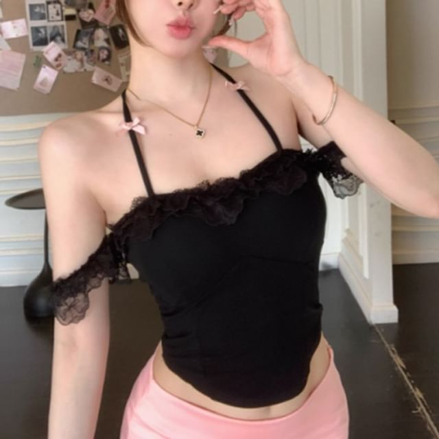 Cap-Sleeve Accent Slim Bow Neck Plain Halter Lace Fit Panel Top Crop