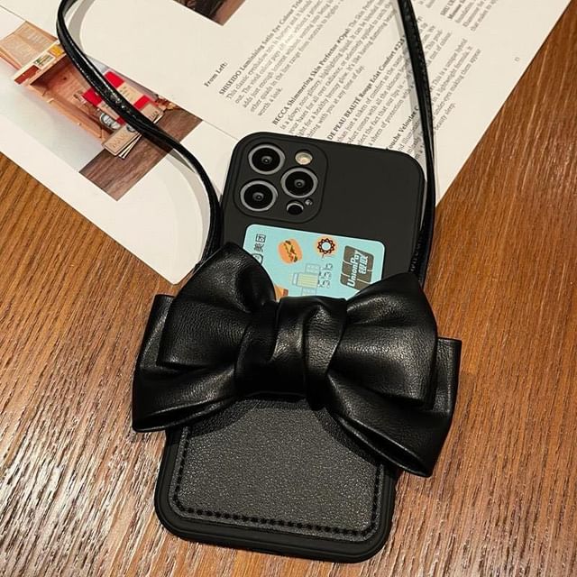 with Card Case Lanyard Phone Holder Faux Bow Leather