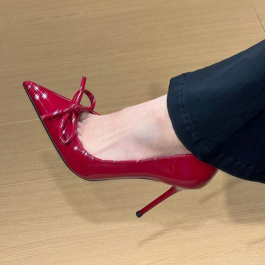 Leather Pointed Toe Bow Stiletto Patent Pumps