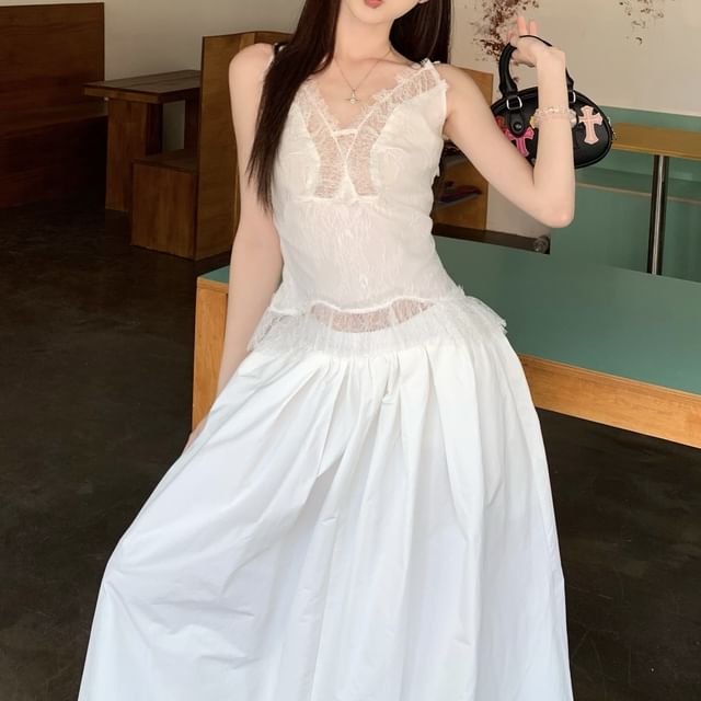 Rise Slim Plain Skirt Tank High Panel Fit Maxi Top / Lace A-Line