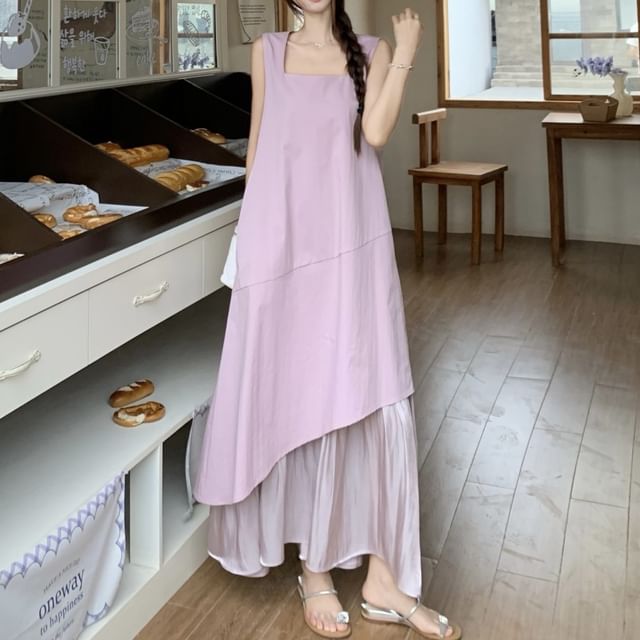 A-Line Dress Neck Asymmetrical Sleeveless Square Midi Paneled