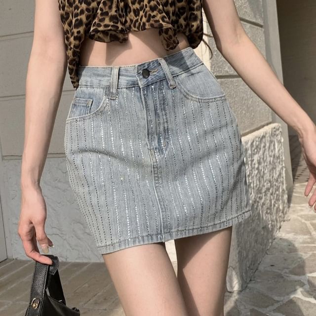 Mini Pencil Striped Denim Rhinestone High Skirt Rise