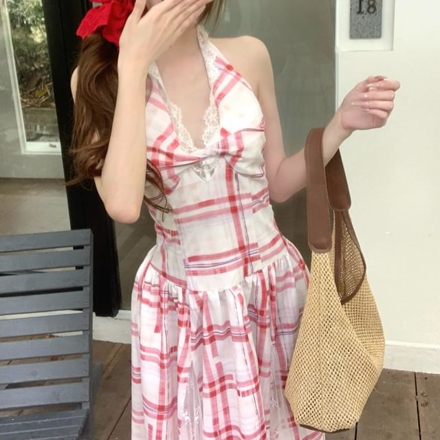 Back Lace A-Line Dress Plaid Halter Midi Panel Open